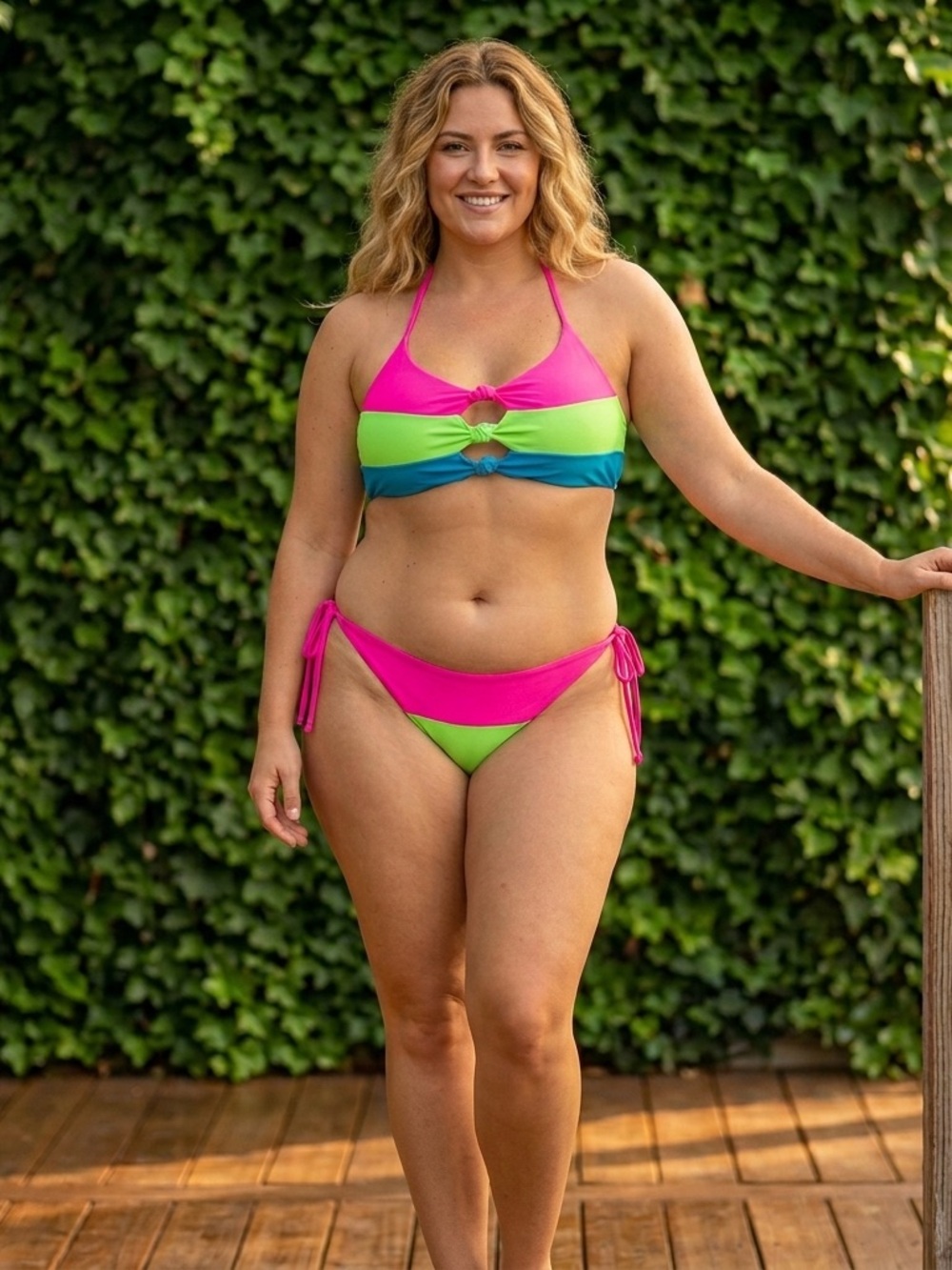 SHEIN Pink, Lime & Teal Ring-Accent Halter Bikini